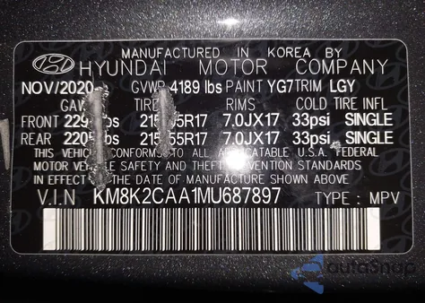 2021 Hyundai Kona Sel z USA, uszkodzony, nr VIN KM8K2CAA1MU687897
